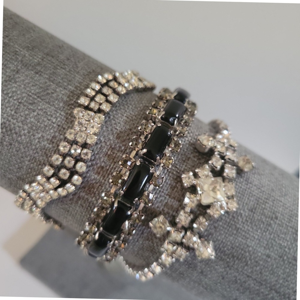 Vintage‎ Rhinestone and Black Stone Bracelet Set 3pc Size 6.5-7.25" Goth